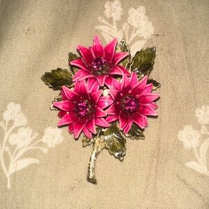 Pink Floral Brooch with Green Leaves